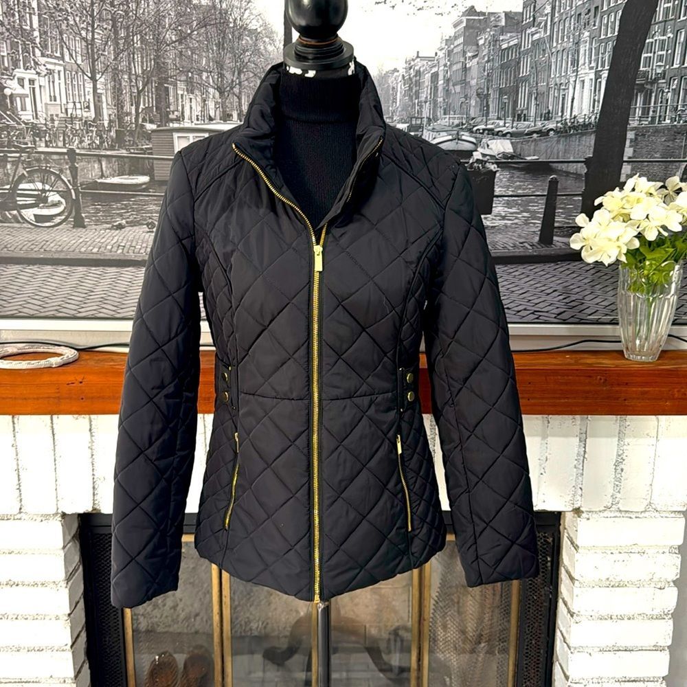 Guess Women Quilted Puffer Jacket Coat Black Medium Full Gold Zipper